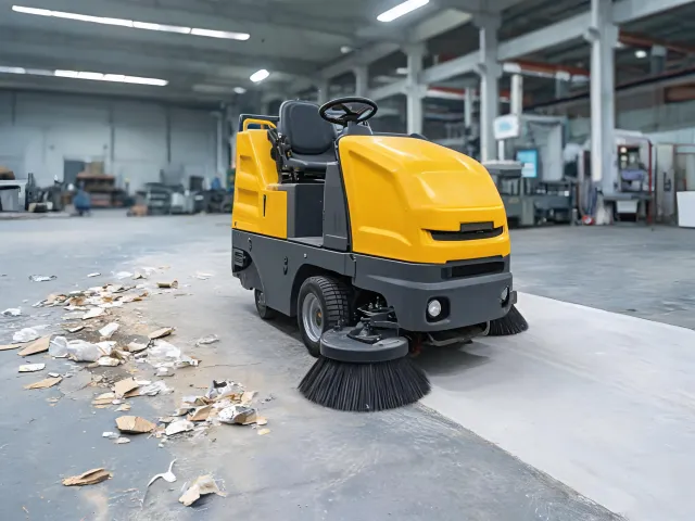 Industrial sweeper collecting dry debris on a plant floor